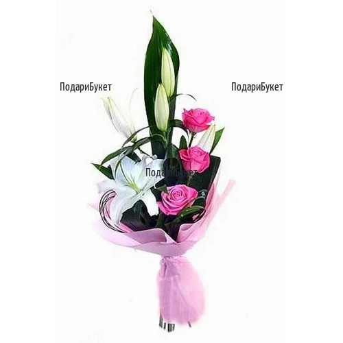 Send bouquet of white flowers and pink roses to Sofia, Plovdiv, Varna