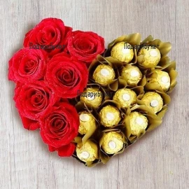 Доставка на сърце от рози и бонбони Фереро Роше