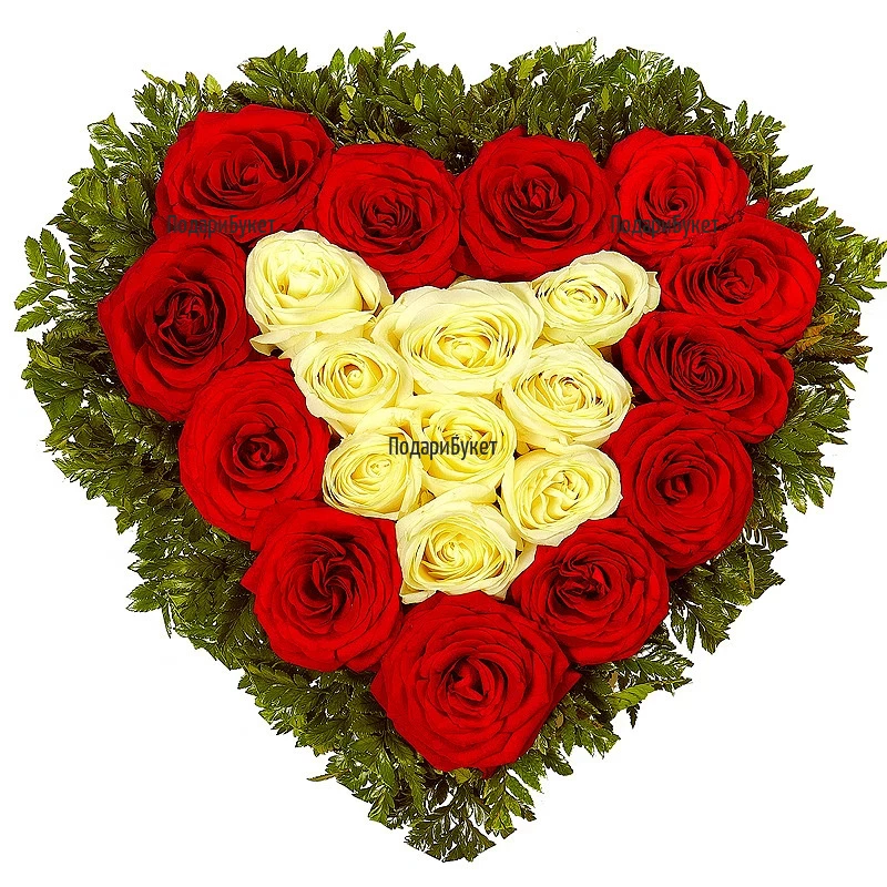 Доставка на сърце от червени и бели еквадорски рози в София, Пловдив