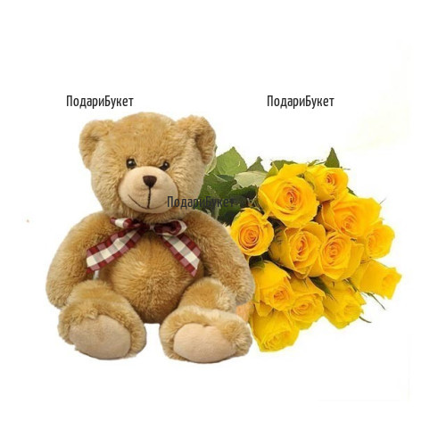 Delivery of Teddy Bear and bouquet of yellow roses and greenery.