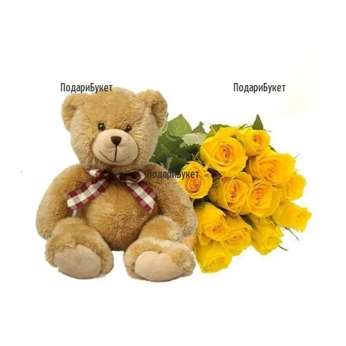 Delivery of Teddy Bear and bouquet of yellow roses and greenery.
