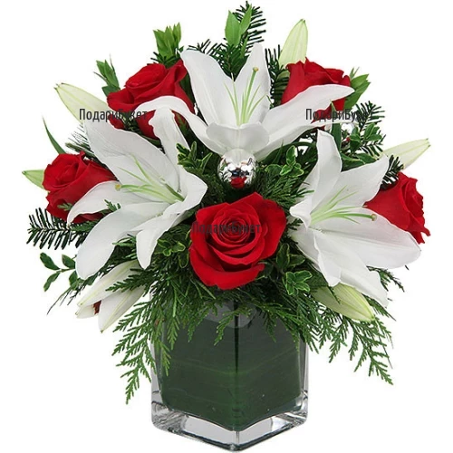 Order and deliver an arrangement with roses and lilies by courier