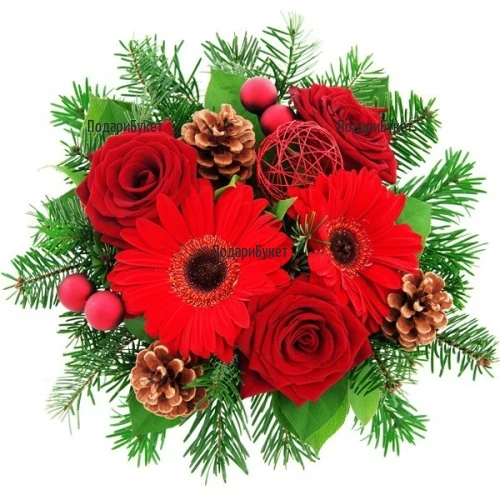 Order Christmas bouquet of gerberas, roses and greenery