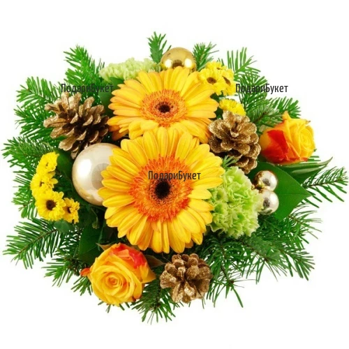Send bouquet of orange gerberas and Christmas greenery