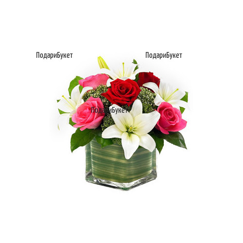Send arrangement with roses and lilies to Sofia, Plovdiv, Varna