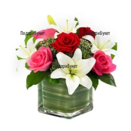 Send arrangement with roses and lilies to Sofia, Plovdiv, Varna