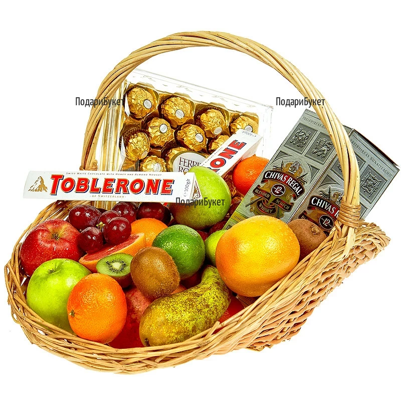 Luxury gift - a set  of fruits, chocolates and whiskey