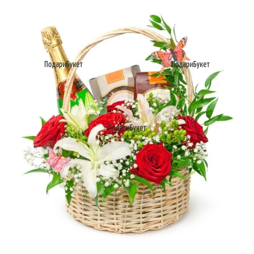 Send gift for the whole family -  basket with flowers and chocolates
