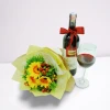 Order online a bouquet of gerberas and a bottle of wine with a ribbon