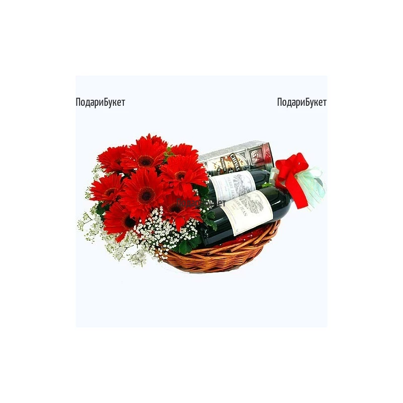 Send a gift for men - whiskey, wine and flowers in a basket