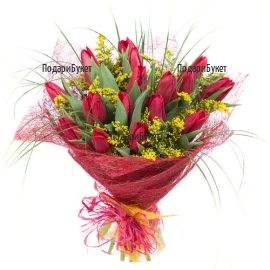 Send bouquet of red tulips and greenery