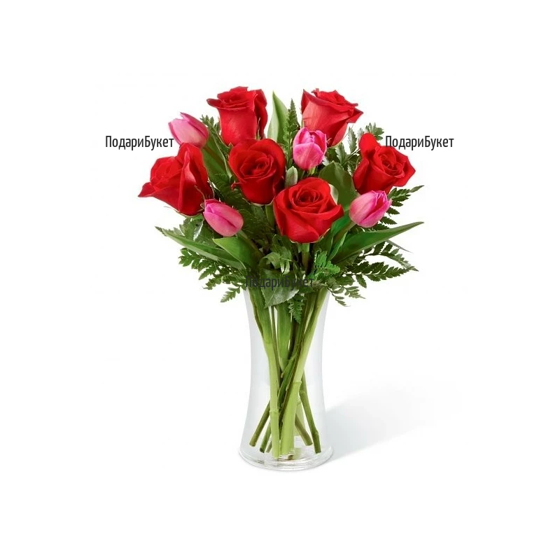 Поръчка на букет от червени рози и розови лалета