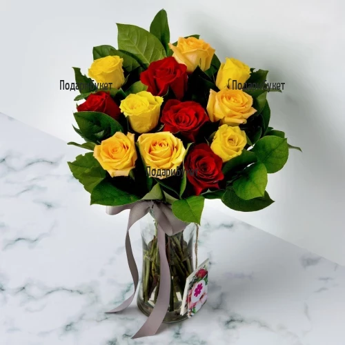 Send luxuriant bouquet of multicoloured  roses and greenery