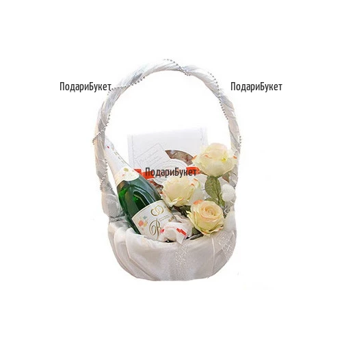 Send tender white basket with roses and gifts to Sofia, Plovdiv, Ruse