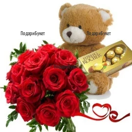 Order bouquet of roses, a Teddy Bear and chocolates.