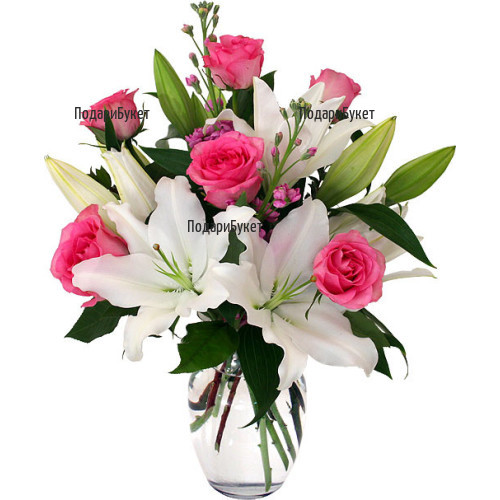 Send bouquet of pink roses and white lily
