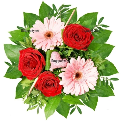 Send bouquet of gerberas, roses and plush heart.