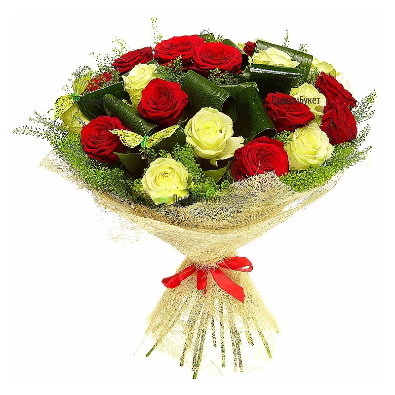 Delivery of bouquet of mixed roses and greenery