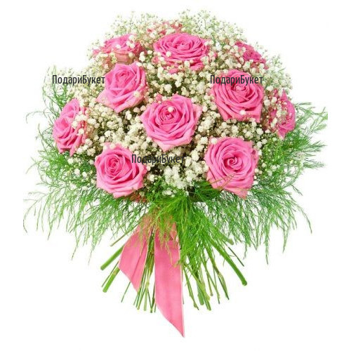 Delivery of pink bouquet of roses and gypsophila
