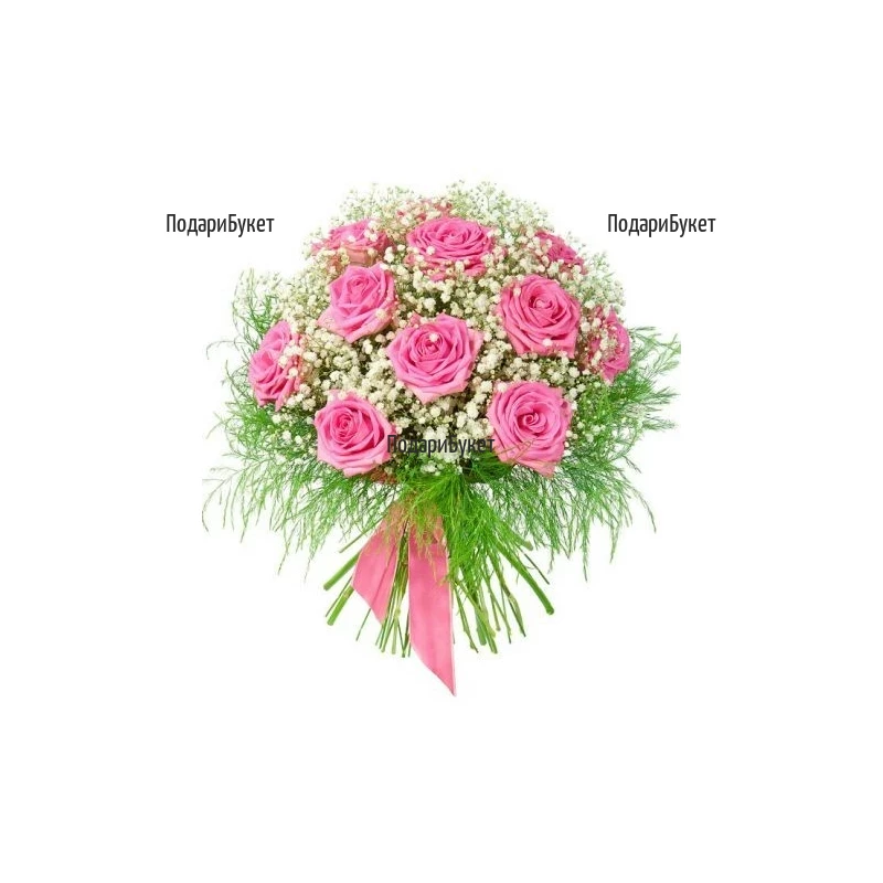 Delivery of pink bouquet of roses and gypsophila