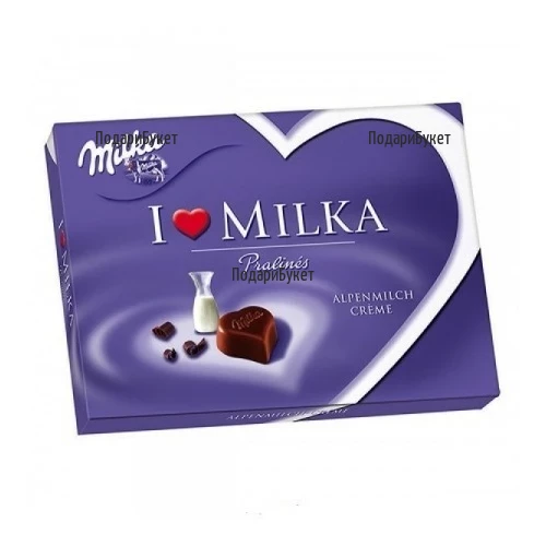Вкусни и нежни шоколадови бонбони "Milka", привързани с панделка.
