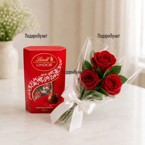 Три червени рози и луксозни бонбони Lindor Cornet - романтичен подарък