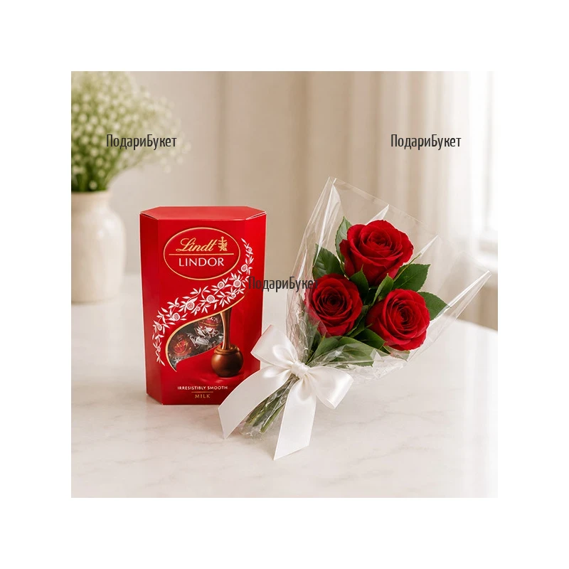 Three Red Roses and Lindor Cornet Chocolates - Romantic Gift