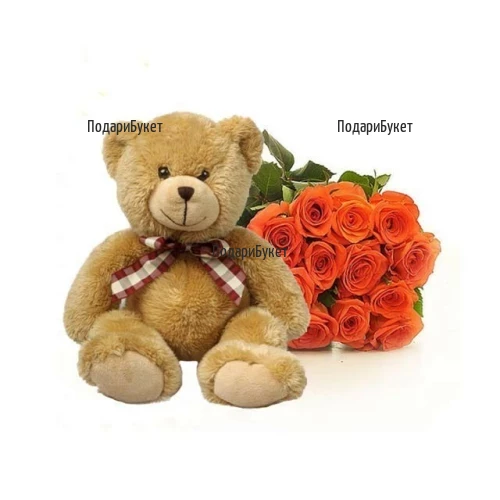 Send bouquet of orange roses and a Teddy Bear to Sofia, Plovdiv, Varna, Ruse