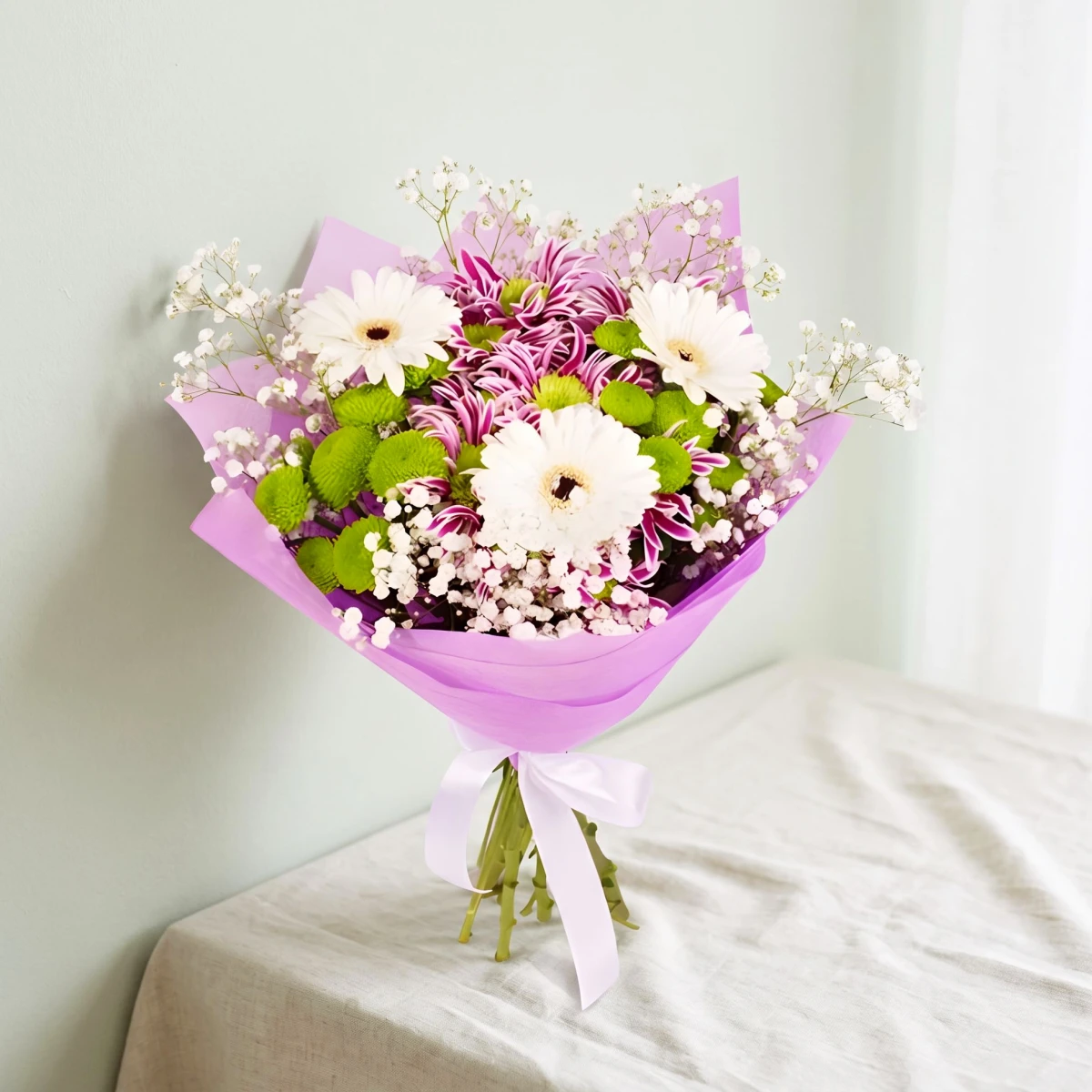 Send bouquet of mixed chrysanthemums and fancy papers