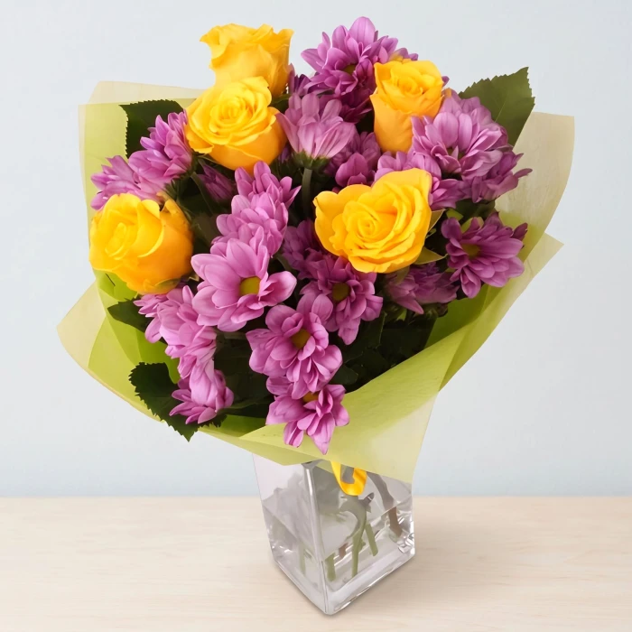 Yellow Rose and Pink Chrysanthemum Birthday Bouquet