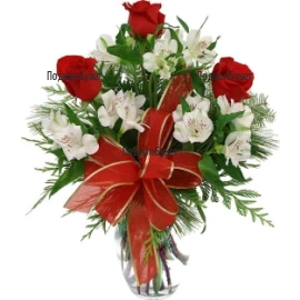 Exotic, interesting, tender, glamorous bouquet of roses, alstroemerias and greenery.