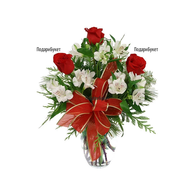 Order and deliver bouquet of roses and alstroemerias by courier