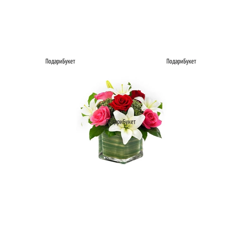 Send arrangement with roses and lilies to Sofia, Plovdiv, Varna