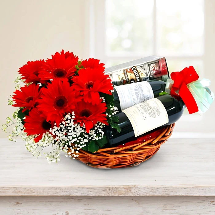 Send a gift for men - whiskey, wine and flowers in a basket