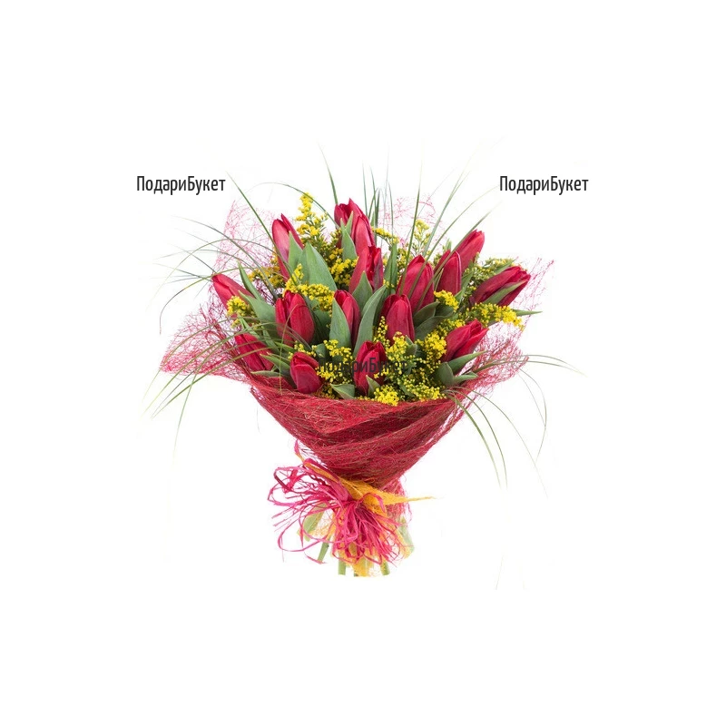 Send bouquet of red tulips and greenery