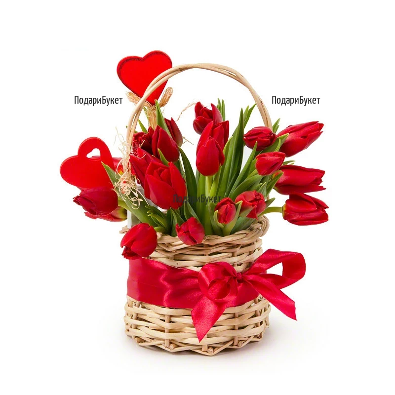 Romantic basket with red tulips