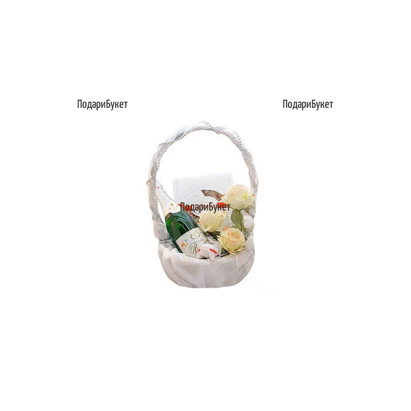 Send tender white basket with roses and gifts to Sofia, Plovdiv, Ruse