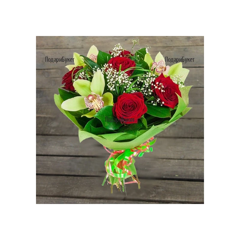 Bouquet of red roses and orchids