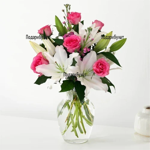 Send bouquet of pink roses and white lily