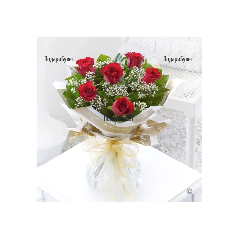 Delivery of bouquets of roses, greenery and gypsophila